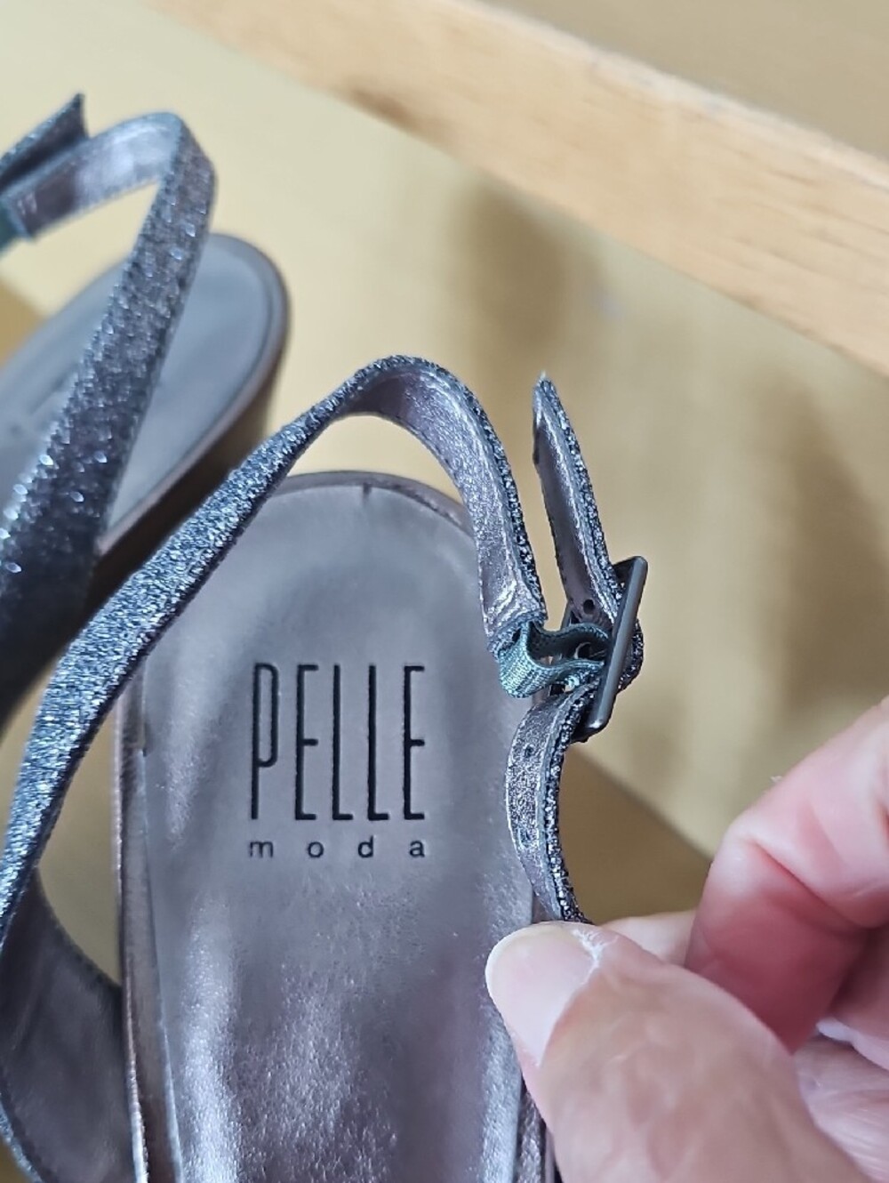Pelle Moda Sparkling Silver Peep-Toe Slingback Heels - Picture 5 of 9